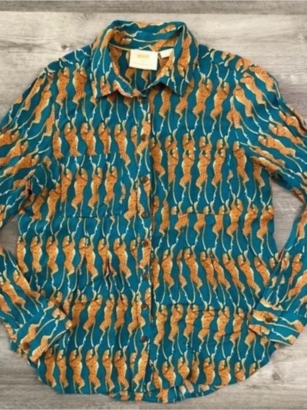 Anthropologie Maeve Teal Button-Down Shirt with Orange Animal Pattern